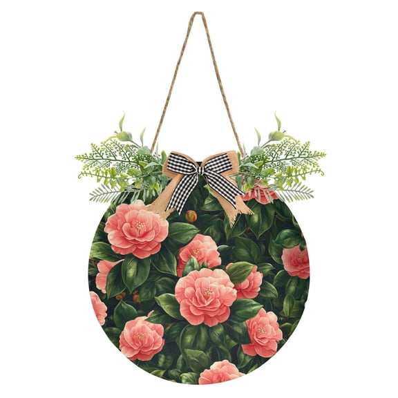 Pink Camellia Flowers Front Door Porch Decoration Hanging Sign with Artificial Green Plants and Bow for Home Outdoor Indoor