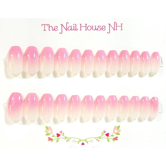 Pink Camellia Ombre Sparkle Glossy Ballerina Press-On Nails - 24 Pieces - Artificial Nail Kit