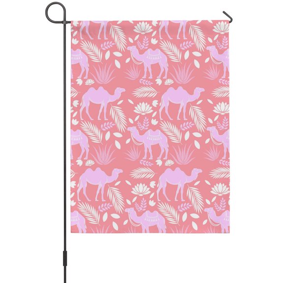 Pink Camels Garden Flags For Outdoor, Date Coconut Trees Leaf Aloe Vera on Pink Background Small Double Side Yard Flags Weather Proof Garden Decor for Lawn Outside Holiday 12 x 18 Inches