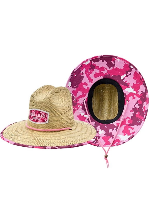 Pink Camo Fabric Pattern Print Straw Sunhat Men & Women, Lifeguard Hat, Beach, Swim, Cruise, Paddle Board, Boat, Fishing, Fits All, Malabar Hat