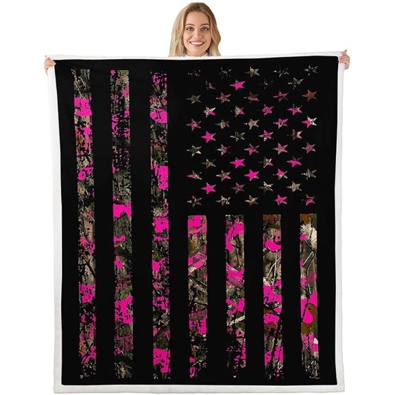 Pink Camo Flag Sherpa Blanket, Multicolor Fleece Throw