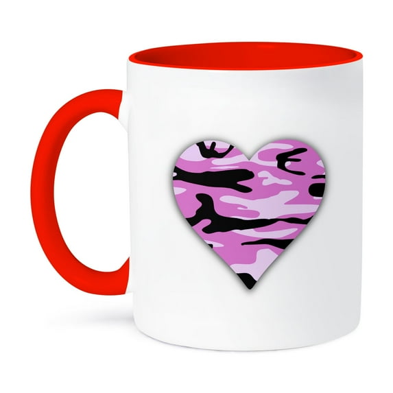 3dRose, Pink Camo Heart - love heart in girly army camouflage inspired pattern, 11oz Two-Tone Red Mug