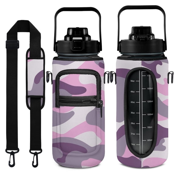 Pink Camouflage 64 Oz Half Gallon Water Bottle with Sleeve BPA Free Leakproof Sport Large Plastic Water Bottle with Straw&Time Marker&Insulated Neoprene Holder Carrier Bag Gift for Women Men