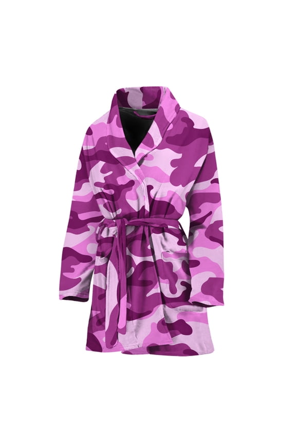 Pink Camouflage Women Bathrobe One Size Univeral Fits, Camo Camouflage Fashion Lightweight Plush Fleece Long Robe For Women