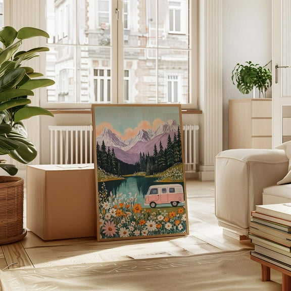 Pink Camper Van Retro Lake And Mountain Landscape With Wildflowers Adventure Nature Rv Travel Print Wall Art, Modern Wall Decor, 8x12 UNFRAMED