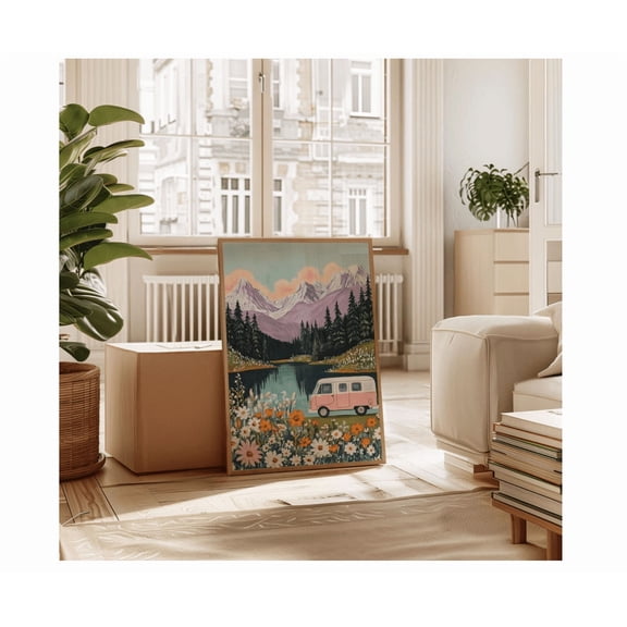 Pink Camper Van Retro Lake Mountain Wall Art Home Decor Office Wall Art Living Room Decor, Paper Poster Only