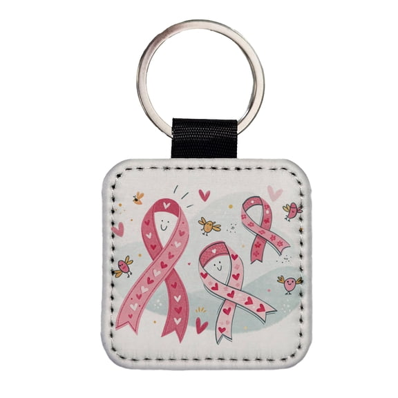 Pink Cancer Awareness Ribbons Faux Leather Square Keychain