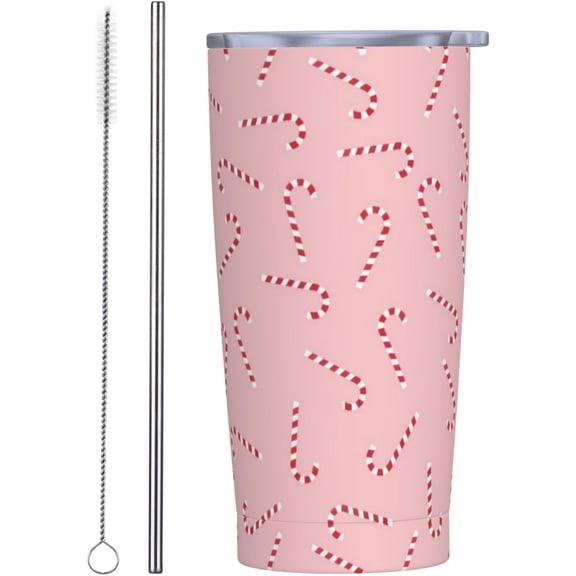 Pink Candy Cane 20oz Tumbler Stainless Steel with Lid and Straw, Christmas Candy Insulated Travel Mug for Hot Cold Drinks, Christmas Print Cup, Coffee Cup for Women Men Teens