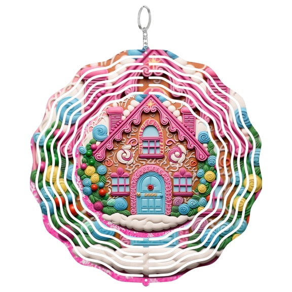 Pink Candy Gingerbread House Winter Scene 3D Wind Spinner Stainless Steel Kinetic Art Cute Christmas Decor 10 Inch