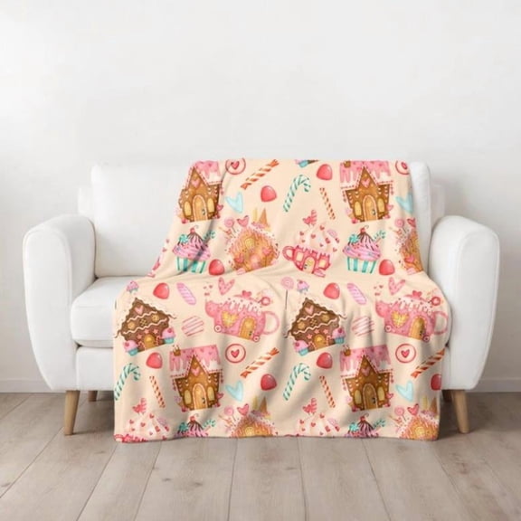 Pink Candy Hearts Gingerbread House Velveteen Plush Throw Blanket, Valentine's Day Gift For Kids, Christmas Winter Holiday Home Decor, Gift For Kids, Gift For Men & Women