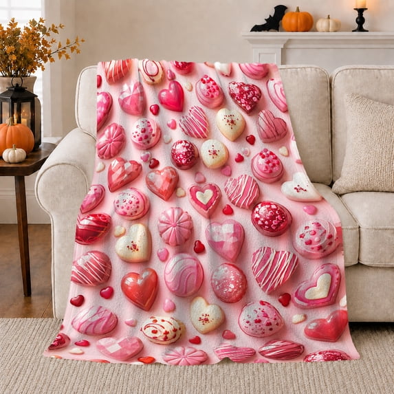 Pink Candy Hearts and Truffles, Playful Dessert Style for Chocolate Lovers, Sweet Valentine Pattern and Valentine's Day Gift, Cozy Flannel Blanket for Bedroom and Reading Nook, Home Decor