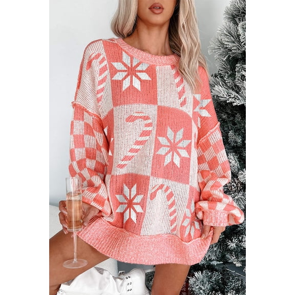 I AM A FASHION JUNKY Pink Candycane Snowflake Checker Christmas Holiday Drop Shoulder Tunic Loose Sweater