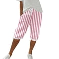 thumbnail image 1 of Pink Capris Pants for Women Cotton and Linen Striped Pocket Elastic Casual Pants Women's Quarter Pants, 1 of 3