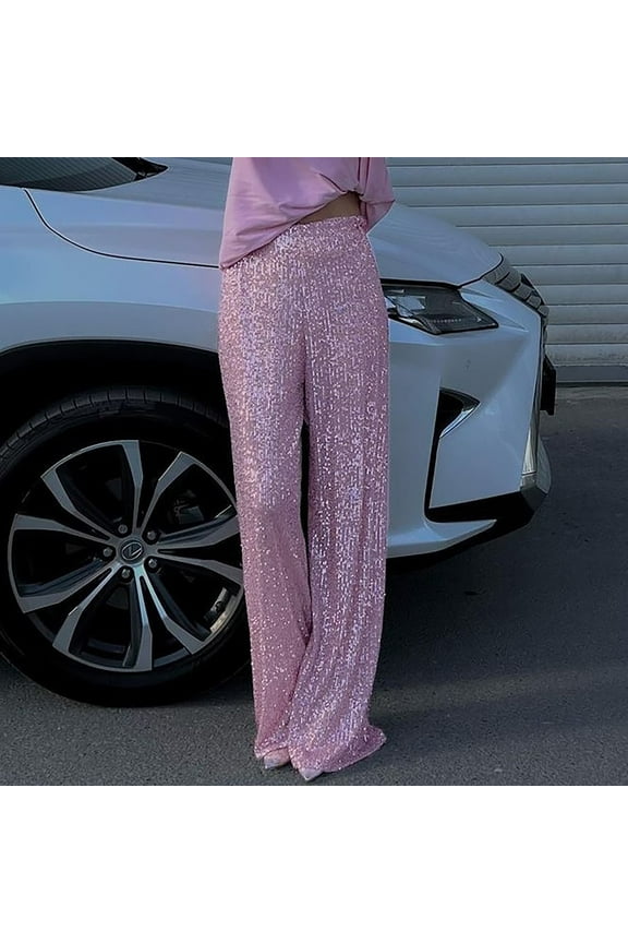Pink Capris for Women Casual Summer, Polyester Dress Pants Women, Women Wide Leg Pants, M Pleated Trousers for Women, Sequin Womens Pants, Weekend Solid Color Sequin Clothes for Women