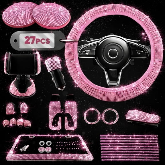 Pink Car Accessories Set, 27 Pieces  Bling for Interior Styling with Rhinestone Details Daily Use, Universal Fit Kit Steering Wheel, Vents, Mirror Area, Great Gift Women