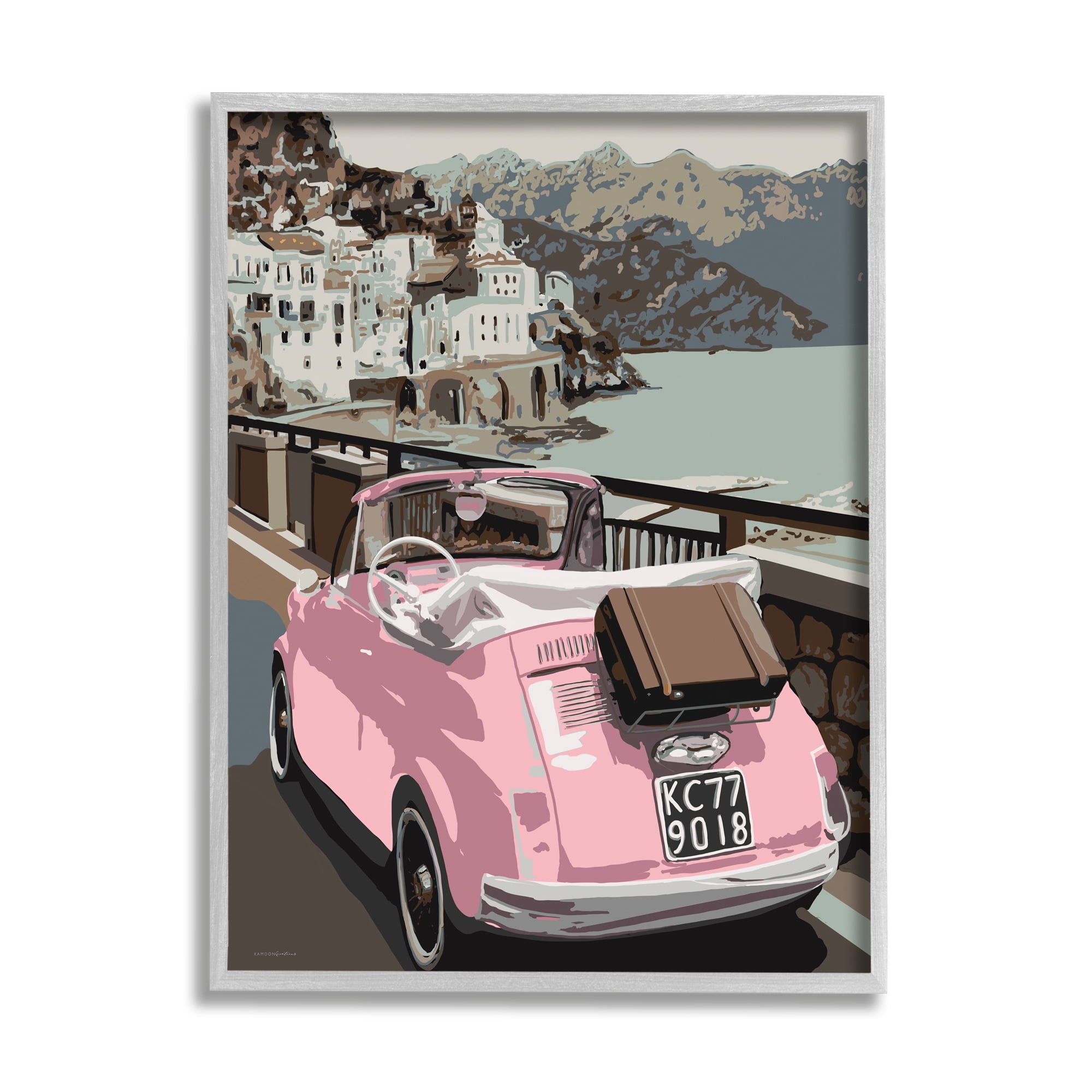Pink Car Cliffside Town on Waterfront Road 16 in x 20 in Framed Painting Art Print, by Stupell Home Décor