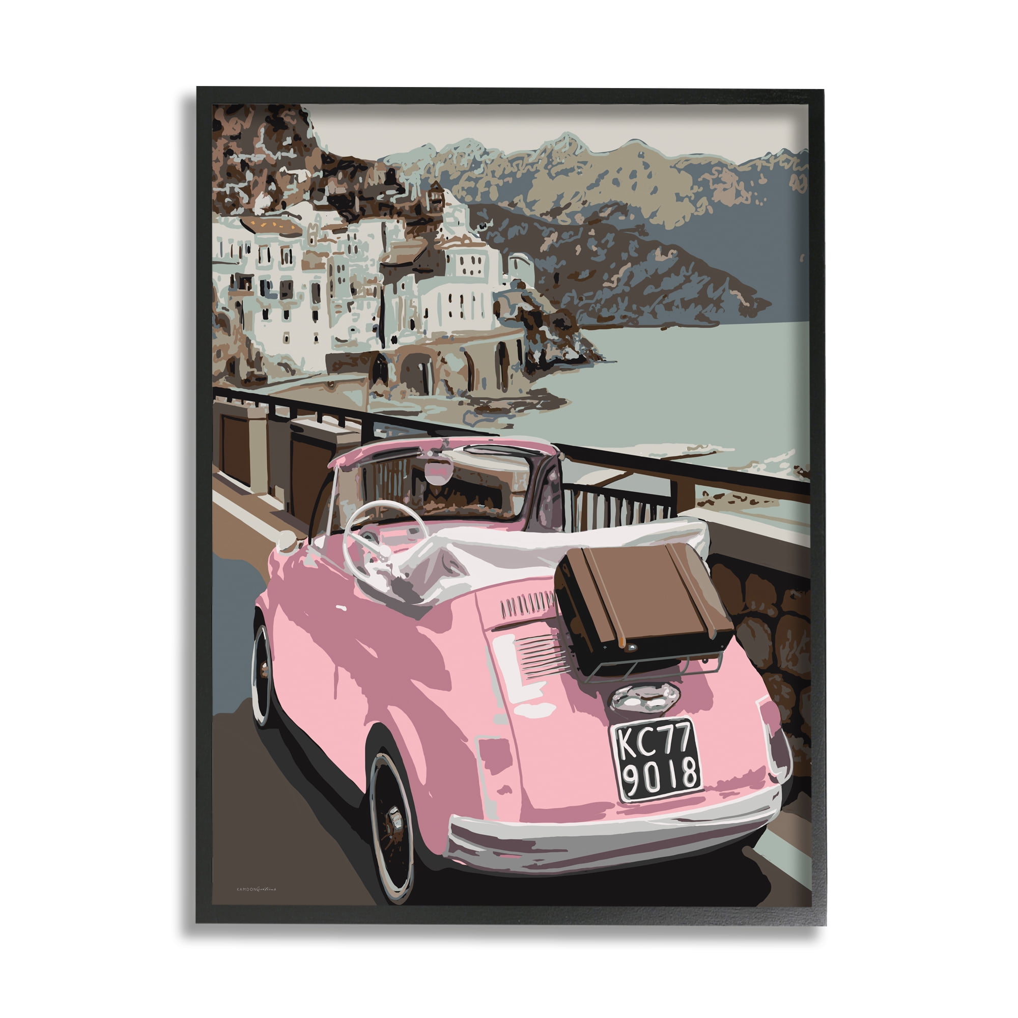 Stupell Industries Pink Car Cliffside Town on Waterfront Road,24 x 30,Designed by Kamdon Kreations