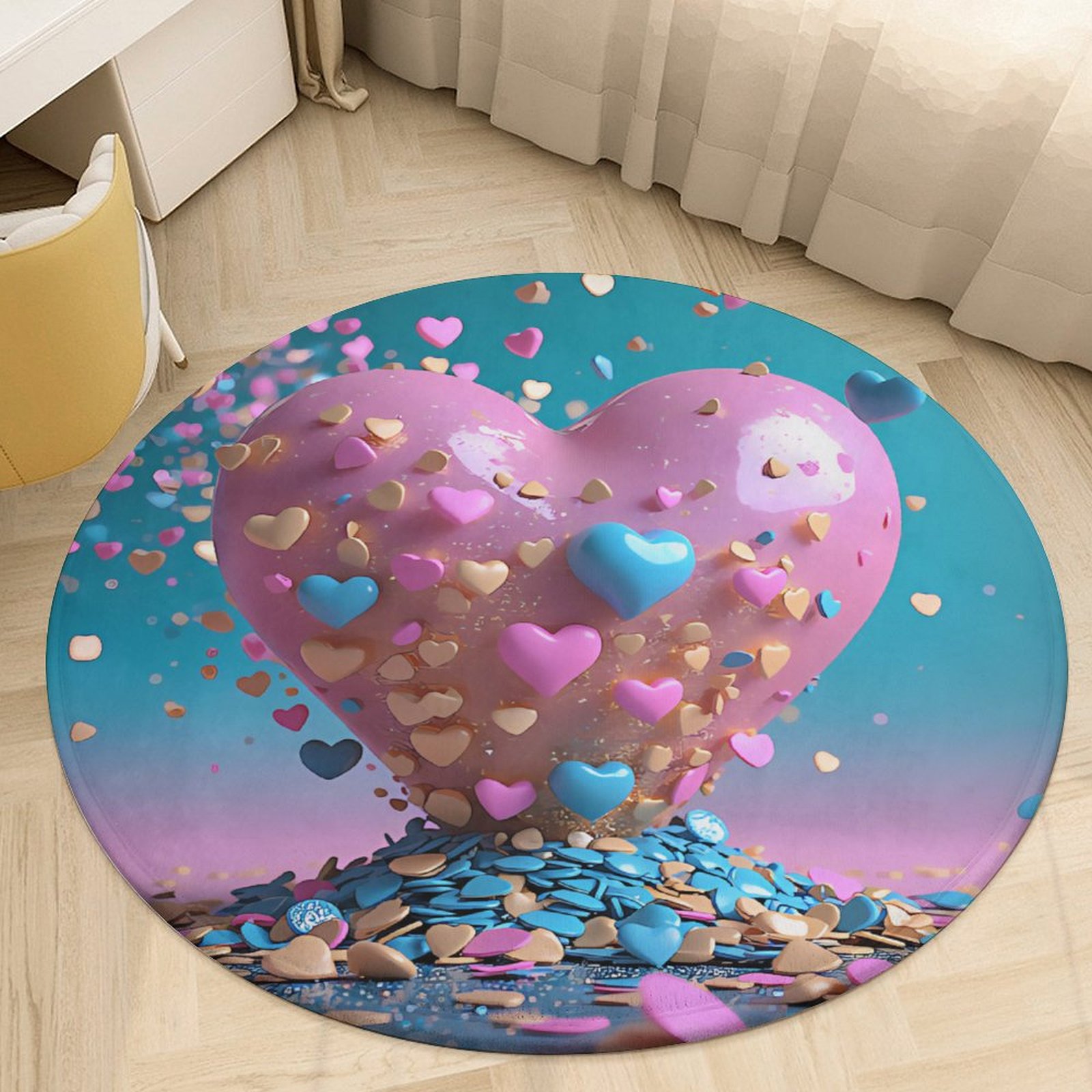 Pink Car Colorful Heart-shaped Balloons Round Area Rugs for Bedroom ...