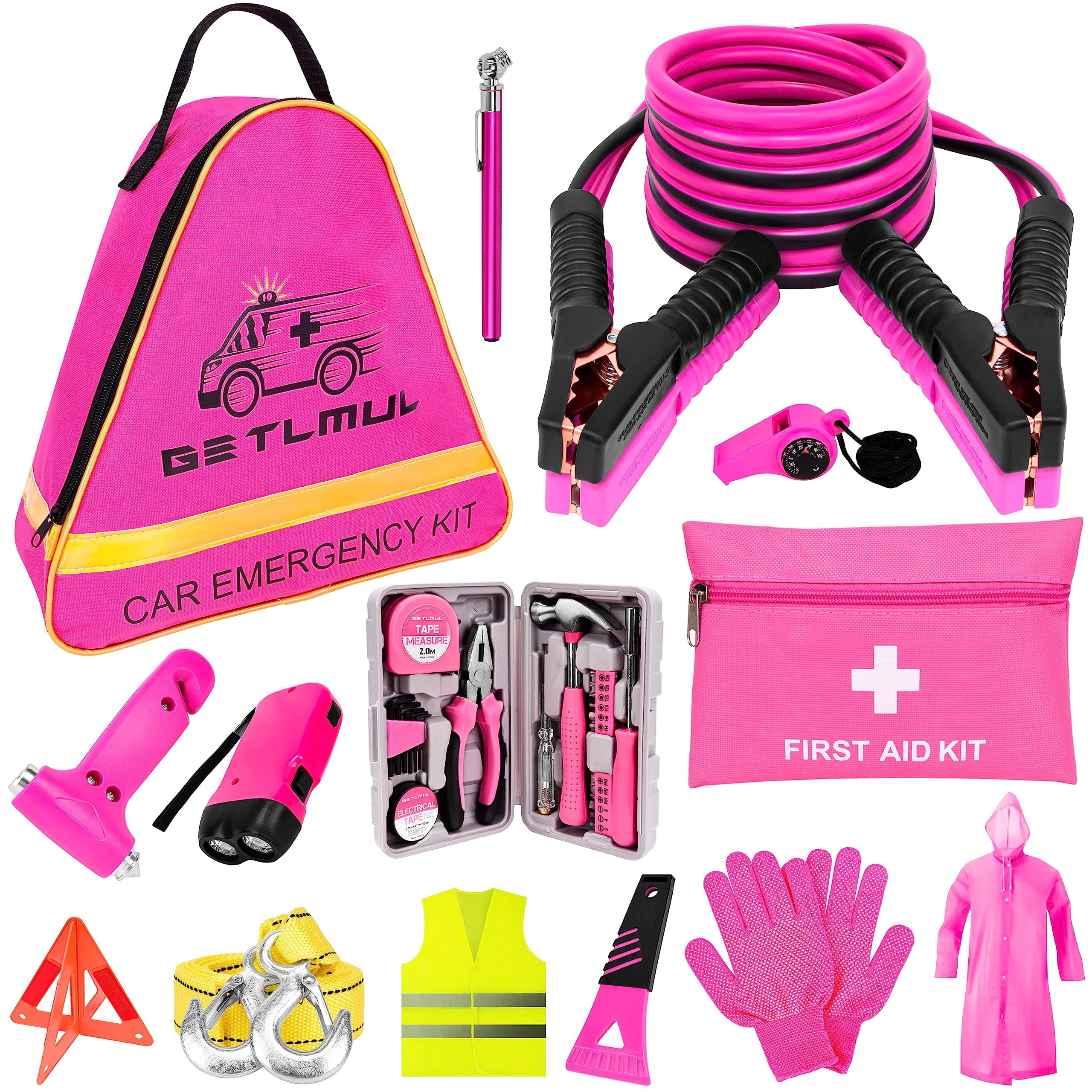Pink Car Emergency Kit, Premium Roadside Emergency Car Accessories Kit