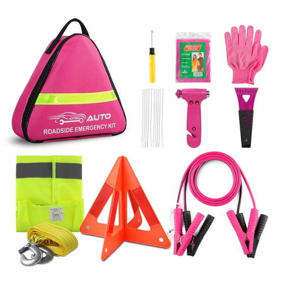 Pink Car Emergency Kit – Roadside Emergency Kit with Jumper Cables & Safety Tools