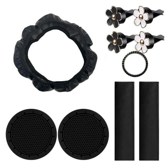 Pink Car Interior Accessories Set for Women, Cute Flower Steering Wheel Cover, Seat Belt Pads, Cup Mats, Air Vent Clips, Rhinestone Ring, Universal Fit