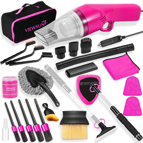 Pink Car Interior Detailing Kit, Auto Cleaning Set with Handheld Vacuum, Detailing Brushes, Windshield Cleaner and Cleaning Gel, Perfect Car Accessories for Women