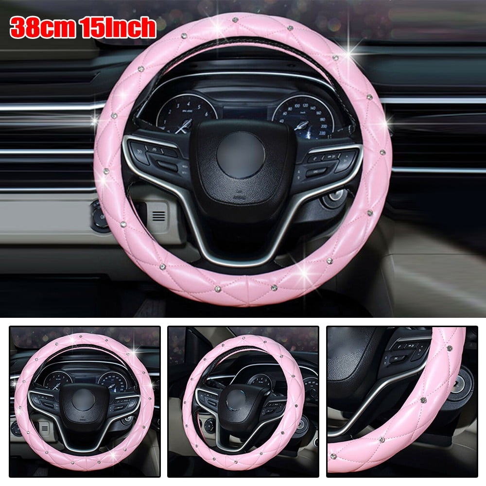 Pink Car Steering Wheel Cover 38cm/15Inch PU Leather Bling W/ Rhinestone Decor