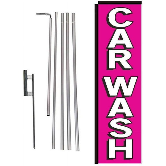 Pink Car Wash Rectangle Feather Banner Flag with Pole Kit and Ground Spike for Car Wash, Auto Detail, and Hand Wash