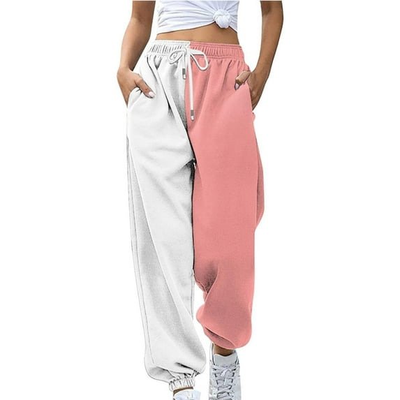 Pink Cargo Pants Women Fashion Loose Breathable Colorblocking Casual Pants Side Pockets Leg Opening Drawstring Seasonal Ladies Casual Pants Leggings With Pockets for Women Size M