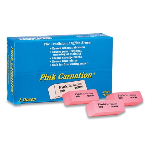 Pink Carnation Erasers, For Pencil Marks, Rectangular Block, Medium, Pink, Dozen | Bundle of 5
