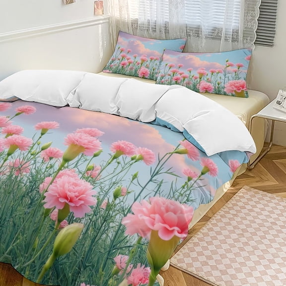 Pink Carnations in Bloom Duvet Cover Set Themed Multicolor Polyester Bedding Set for Bedroom Decoration