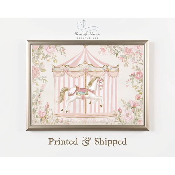 Pink Carousel Horse Wall Art Poster: Floral Nursery Print Poster, Vintage Pastel Cottagecore Decor, Shabby Chic Baby Girl Room Warm Present Vintage UNFRAMED Poster Size 8x12