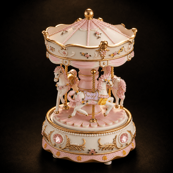 Pink Carousel Music Box Rotating Horses Tabletop Decor