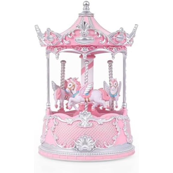 Pink Carousel Music Box Snow Globe with Rotating Horses Musical Snow Globe with Glitter for Girls, Women, Kids, Mom, Grandma Christmas Birthday Gifts (Pink Silver Carousel)$$