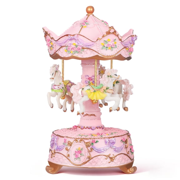 Pink Carousel Music Box with LED Lights, Elegant Rotating Horse Figurines for Girls