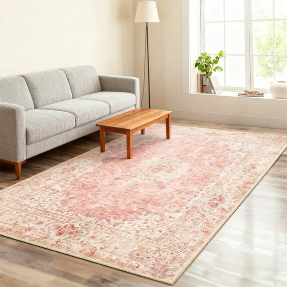 Pink Carpet 5'x7', Washable Bohemian Area Rug, Soft Non-slip Carpet Print, Low Pile, Pink 5'x7'