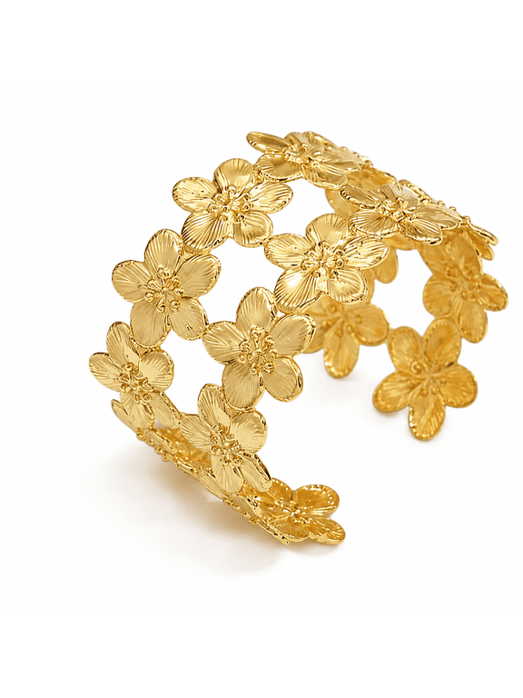 - Floral Design Open Cuff Bracelet for Women, Elegant Flower Pattern Fashion Jewelry, Adjustable Everyday Wrist Accessory