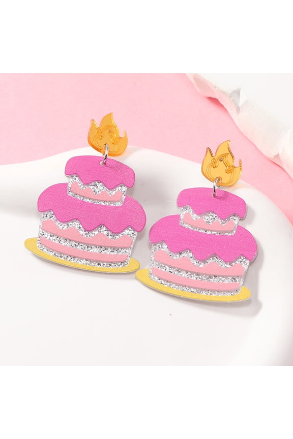 Pink Cartoon Acrylic Cake Dangle Stud Earrings Platinum Food