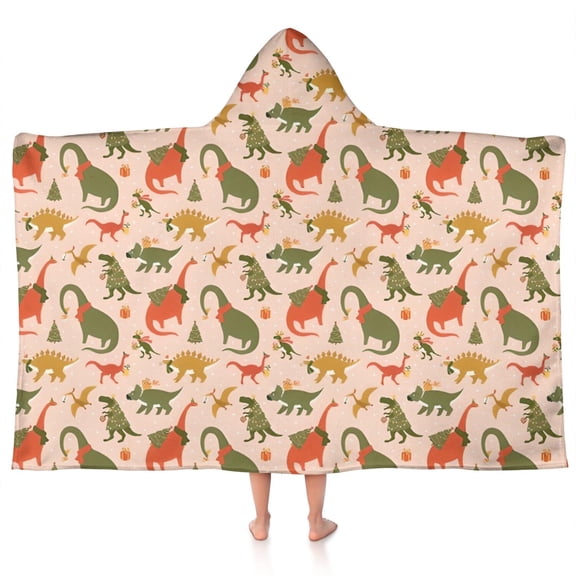 Pink Cartoon Dinosaurs Christmas Pattern Hooded Bath Towel，50"x30" for Ages 3 To 12 Kids, Quick Dry Lightweight Soft Microfiber Hood Beach Towel Cover Up for Kids