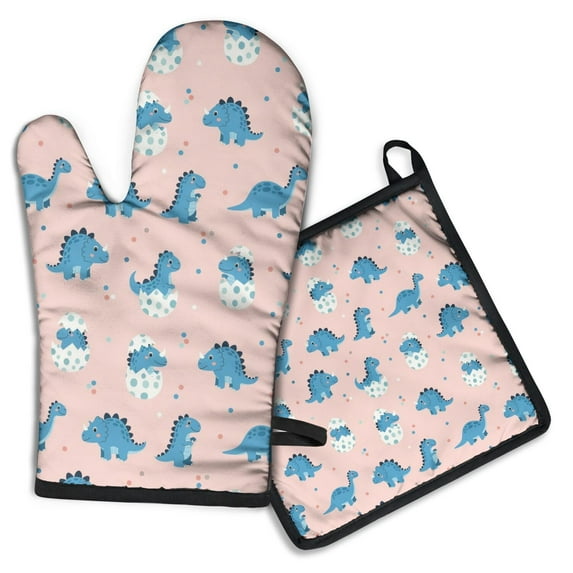 Pink Cartoon Dinosaurs Eggs Pattern Kitchen Oven Mitt and Pot Holder Sets 2 Pcs for Baking, Cooking and Grilling, Heat Resistant Up To 392 °F