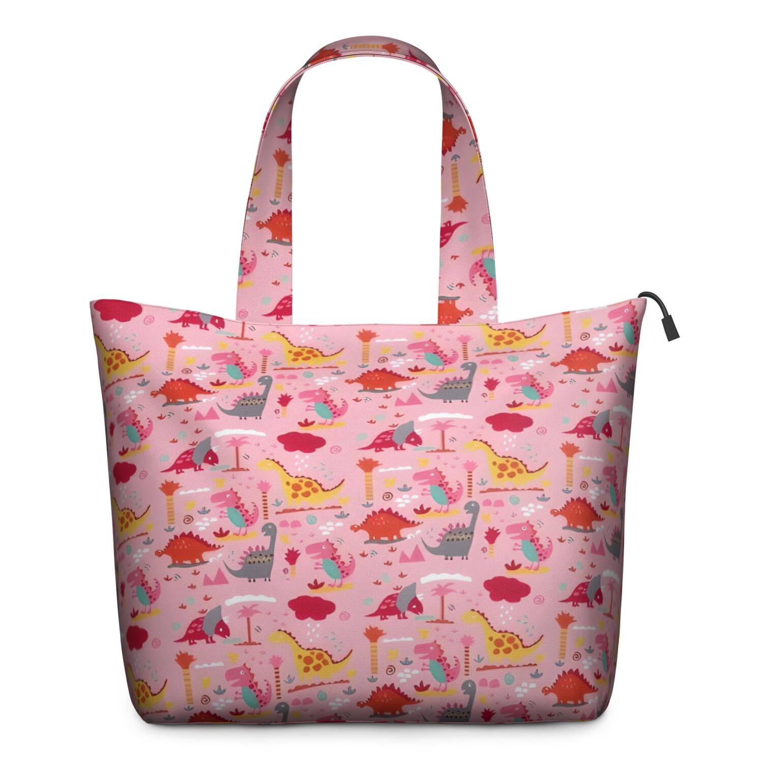 Pink Cartoon Dinosaurs Landscape Pattern Travel Tote Bags for Women Carry On,Large Weekender Bags for Women Travel,Multi Functional Duffle Bag for Work,Shopping,Sports