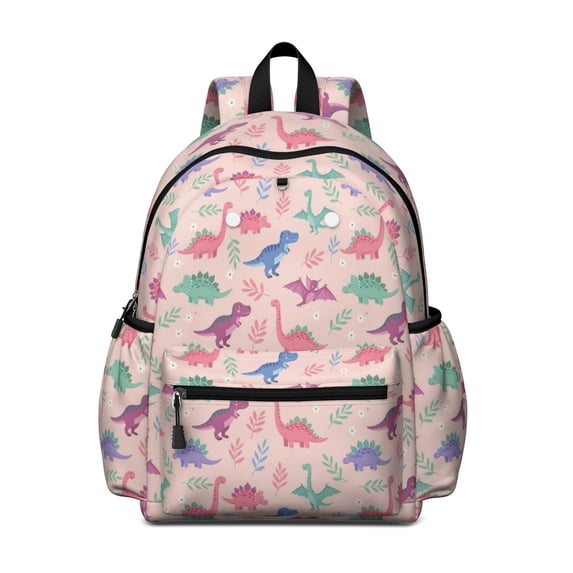 Pink Cartoon Dinosaurs Leaves Pattern Cute School Backpack with Padded Back and Adjustable Shoulder Straps 13.4"x11"x4.7"
