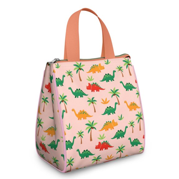 Pink Cartoon Dinosaurs Palms Pattern Insulated Lunch Bag for Women & Adults,Large Portable Soft Cooler Lunch Bag,Thermal Food Storage Tote with Pearl Cotton,8.66L,8.75x5.75x9.5 Inch