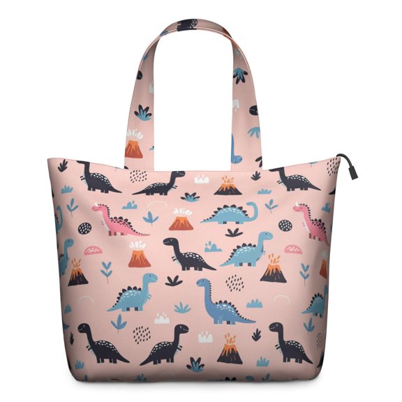 Pink Cartoon Dinosaurs Volcanoes Pattern Travel Tote Bags for Women Carry On,Large Weekender Bags for Women Travel,Multi Functional Duffle Bag for Work,Shopping,Sports