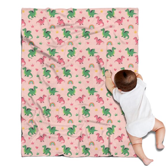 Pink Cartoon Dragon Rainbow Heart Crown Pattern Blanket,Comfortable Soft Flannel Throw Blanket,All Season,Warm Lightweight Blankets for Sofa Bed Couch Living Room Chair,30"x40"