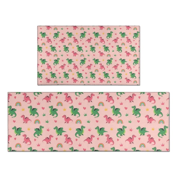 Pink Cartoon Dragon Rainbow Heart Crown Pattern Kitchen Rugs Sets Of 2,Anti Fatigue Kitchen Mat Rugs Non Slip Washable,Decorative Kitchen Floor Mats for Kitchen,Sink,Laundry,17"x30"+17"x47"
