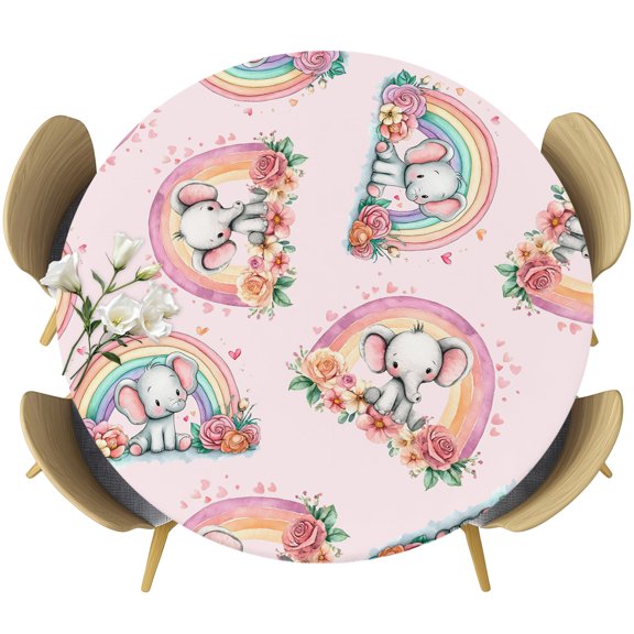 Pink Cartoon Elephant Round Tablecloth 36-44 Inch Round Fitted Table Cloth with Elastic Edge, Spring Floral Botanical Rainbow Waterproof Table Cover Protector for Outdoor Picnic Party Dining