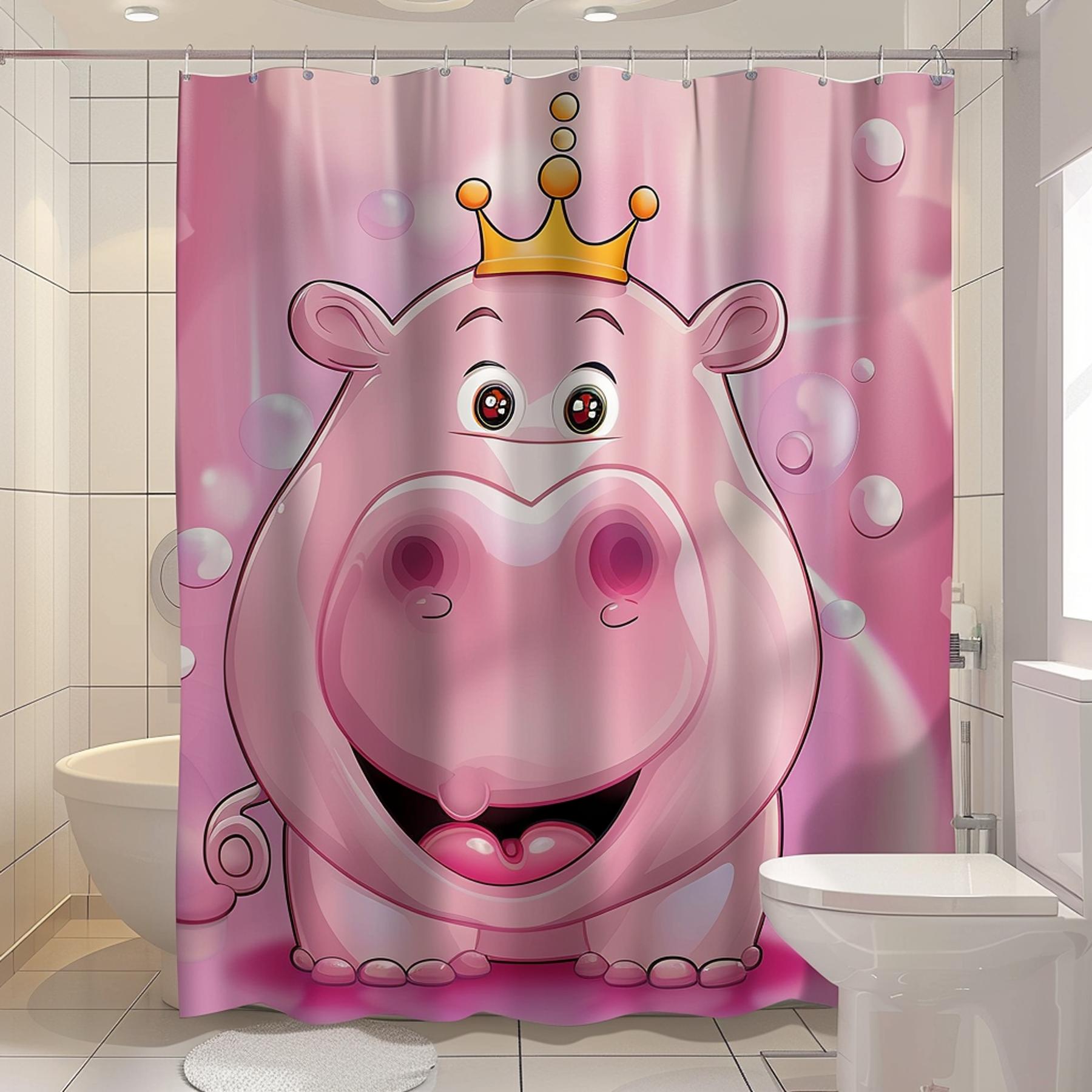 Pink Cartoon Hippo Crown Shower CurtainCute HighDefinition DesignBaby