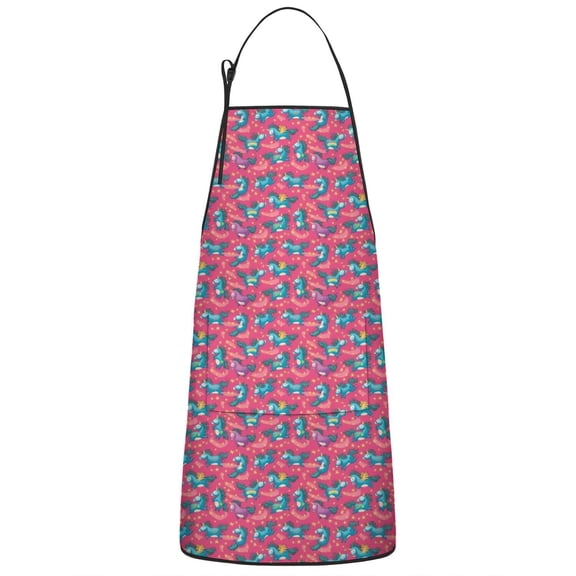 Pink Cartoon Horse Pattern Apron-Garden Aprons for Women with Pockets-Cotton Linen Waterproof Kitchen Cooking Gardening Aprons Adjustable for Kitchen,Cooking,BBQ and Salon 33x27 Inch