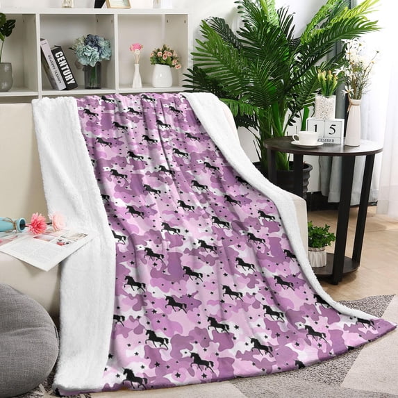 Pink Cartoon Horse Star Pattern Blanket,Comfortable Soft Flannel Throw Blanket,All Season,Warm Lightweight Blankets for Sofa Bed Couch Living Room Chair,60"x80"